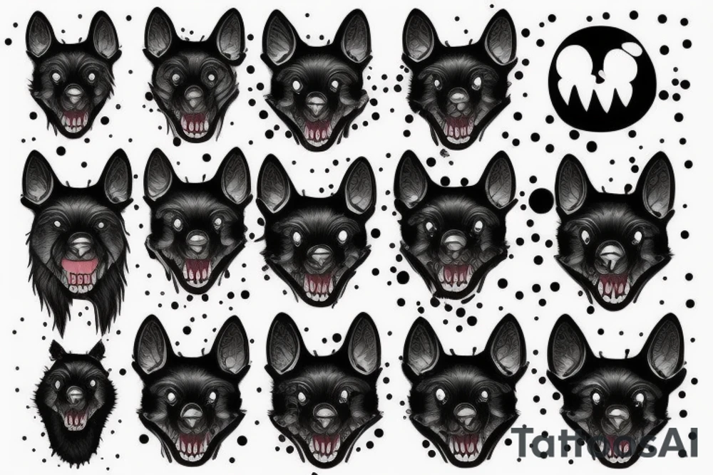 Mythical black dog, big white fangs, white dots over eyes tattoo idea