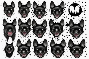 Mythical black dog, big white fangs, white dots over eyes tattoo idea