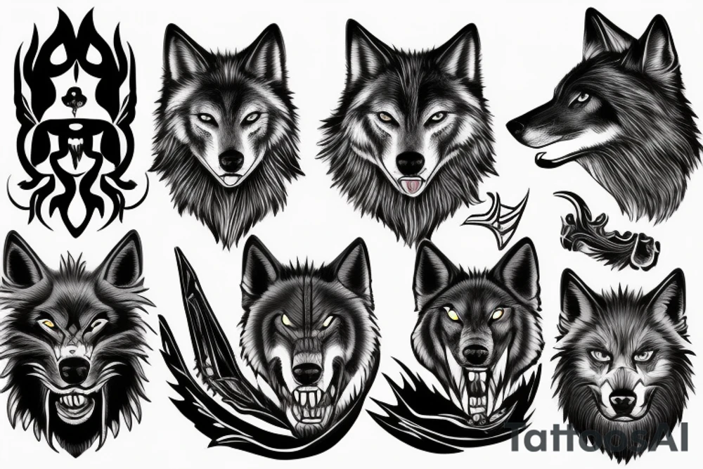 Mythical black dog,wolf, big white fangs, tattoo idea