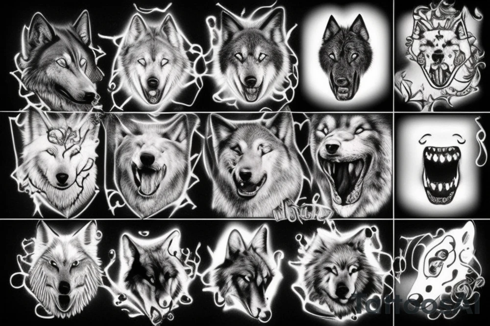 Mythical black dog,wolf, big white fangs, tattoo idea