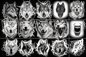 Mythical black dog,wolf, big white fangs, tattoo idea