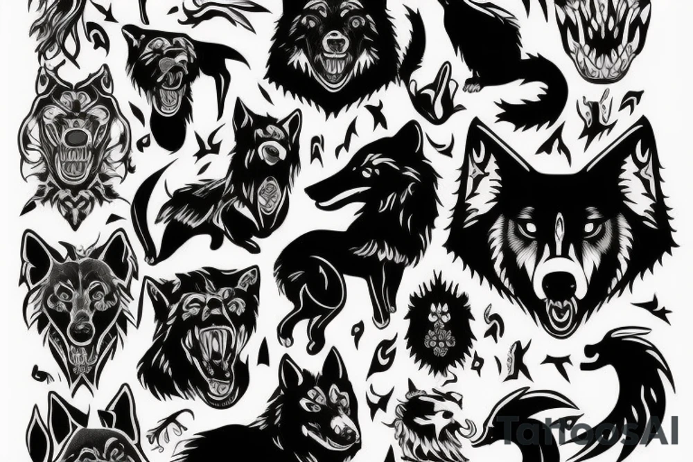 Mythical black dog,wolf, big white fangs, tattoo idea Mythical black dog,wolf, big white fangs, tattoo idea