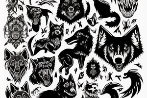 Mythical black dog,wolf, big white fangs, tattoo idea