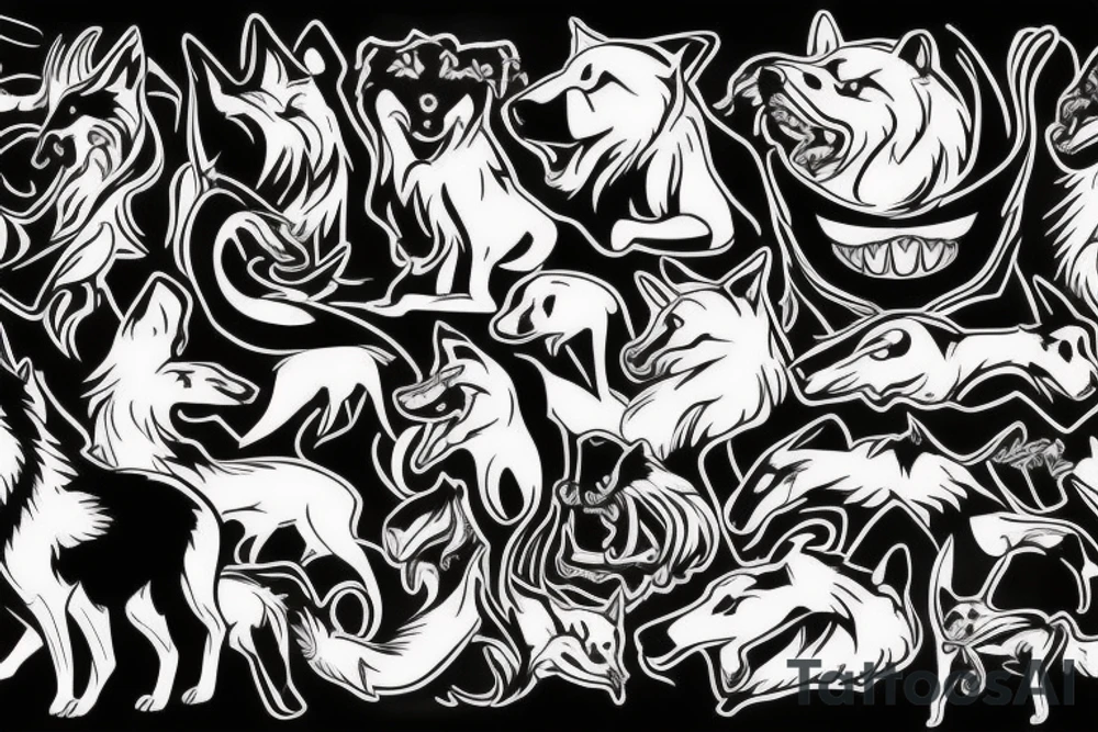 Mythical black dog,wolf, big white fangs, tattoo idea