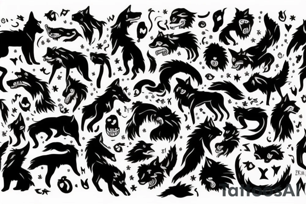 Mythical black dog,wolf, big white fangs, tattoo idea