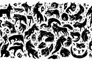 Mythical black dog,wolf, big white fangs, tattoo idea
