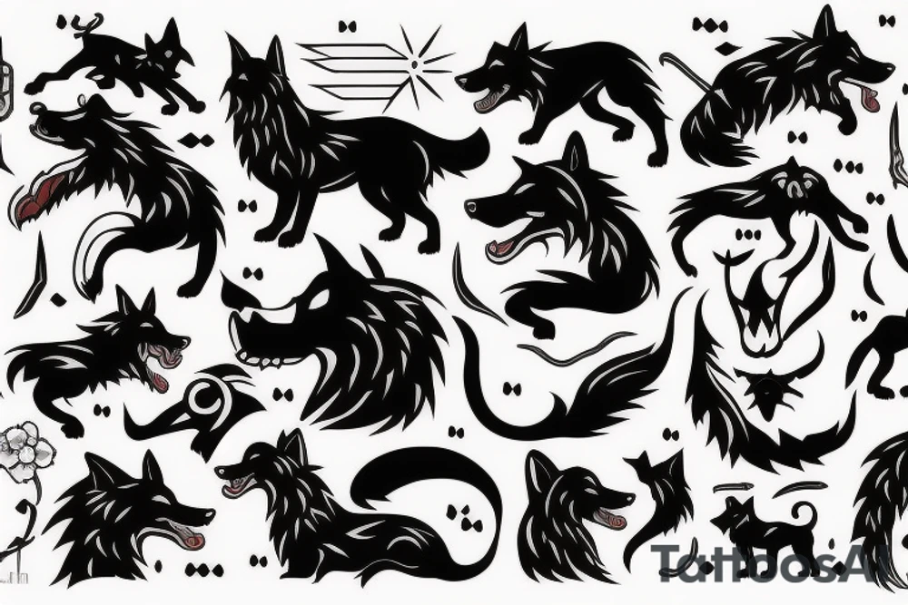 Mythical black dog,wolf, big white fangs, tattoo idea