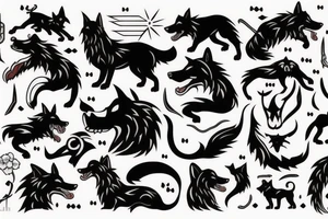Mythical black dog,wolf, big white fangs, tattoo idea