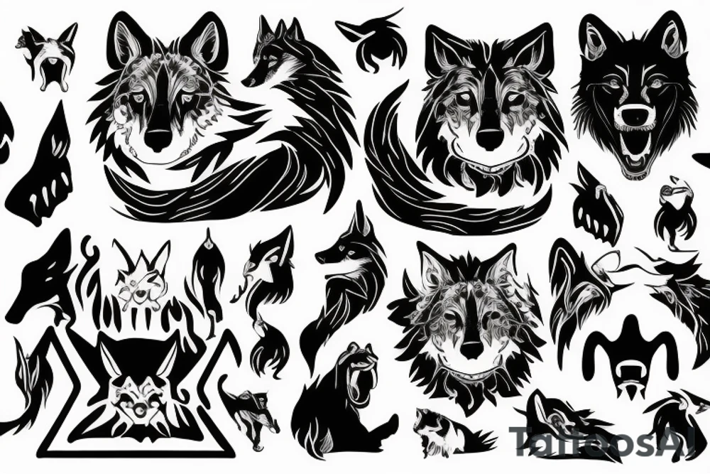 Mythical black dog,wolf, big white fangs, tattoo idea