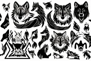 Mythical black dog,wolf, big white fangs, tattoo idea