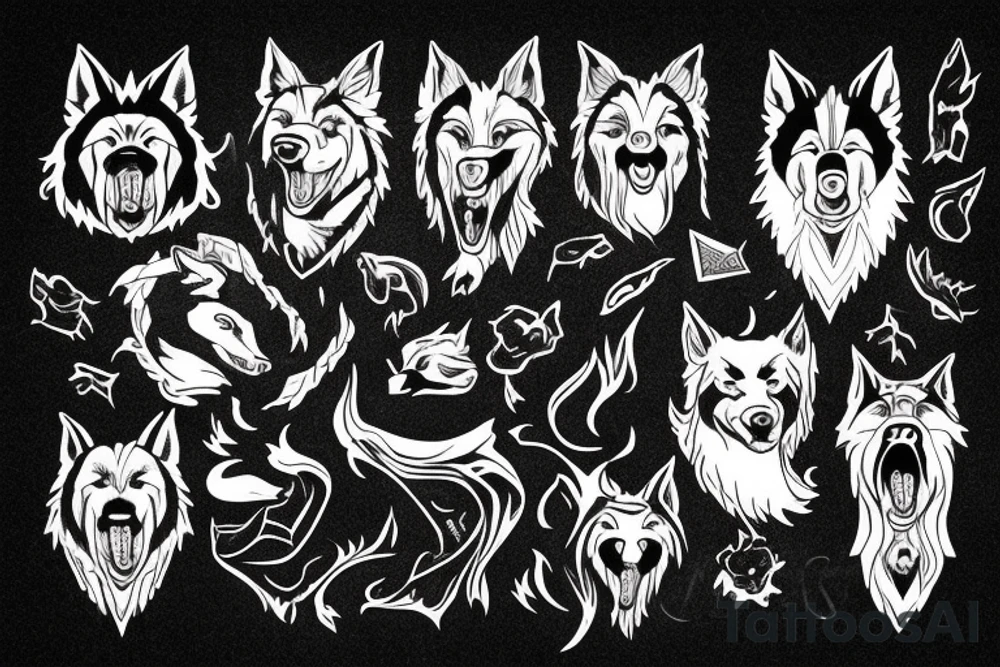 Mythical black dog,wolf, big white fangs, tattoo idea