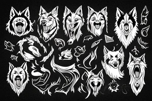 Mythical black dog,wolf, big white fangs, tattoo idea
