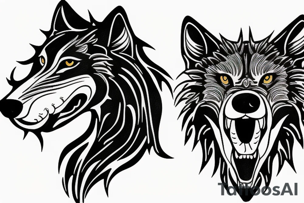 Mythical black dog,wolf, big white fangs, tattoo idea