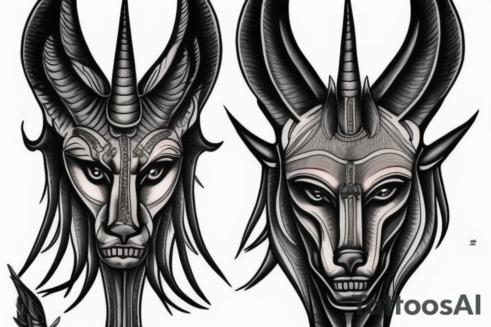 Anubis, ditailed face, full body, two hands tattoo idea