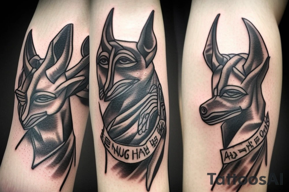 Anubis, full body, one hand take heart, second hand take mind tattoo idea