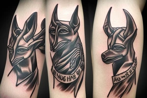 Anubis, full body, one hand take heart, second hand take mind tattoo idea