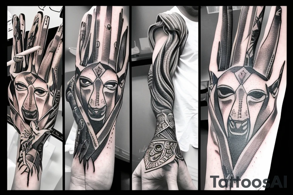 Anubis, full body, one hand take heart, second hand take mind tattoo idea