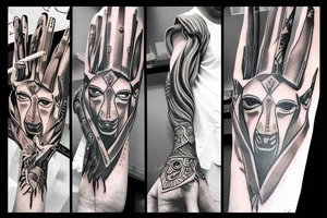 Anubis, full body, one hand take heart, second hand take mind tattoo idea