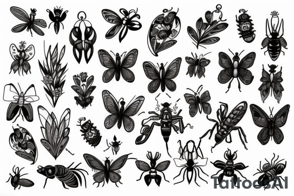 Flowing floral, intricate insects tattoo idea