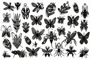 Flowing floral, intricate insects tattoo idea