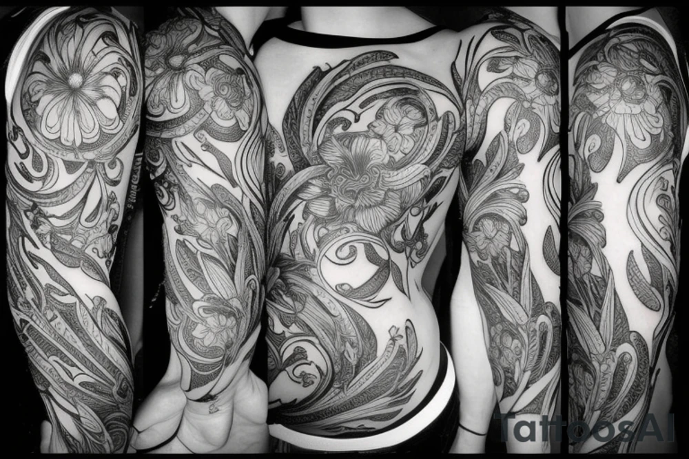 Flowing floral, intricate insects tattoo idea