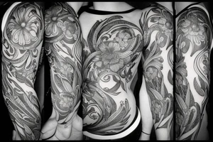 Flowing floral, intricate insects tattoo idea