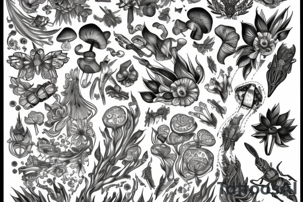 Flowing floral incorporating intricate insects and mushrooms and crystals tattoo idea