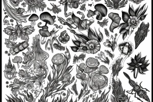 Flowing floral incorporating intricate insects and mushrooms and crystals tattoo idea