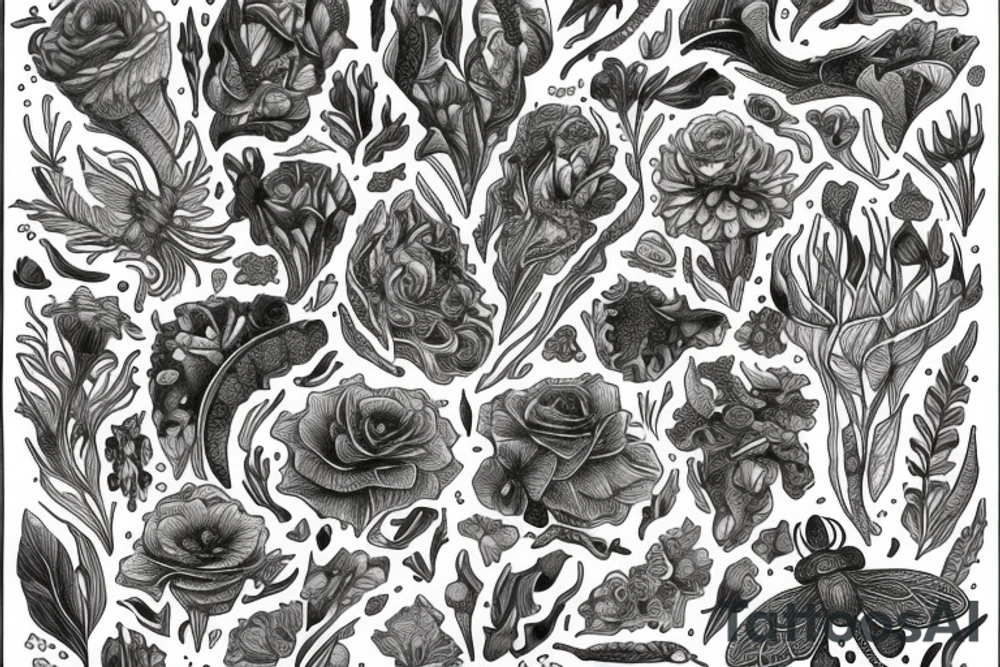 Flowing floral incorporating intricate insects and mushrooms and crystals tattoo idea