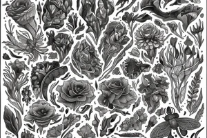 Flowing floral incorporating intricate insects and mushrooms and crystals tattoo idea