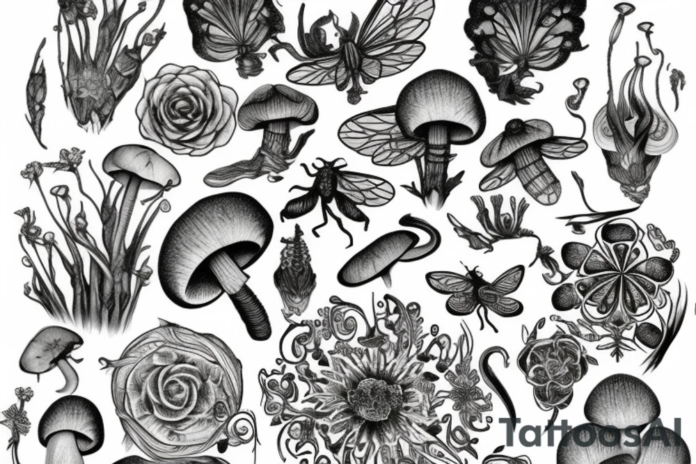 Flowing floral incorporating intricate insects and mushrooms and crystals tattoo idea