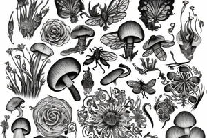 Flowing floral incorporating intricate insects and mushrooms and crystals tattoo idea