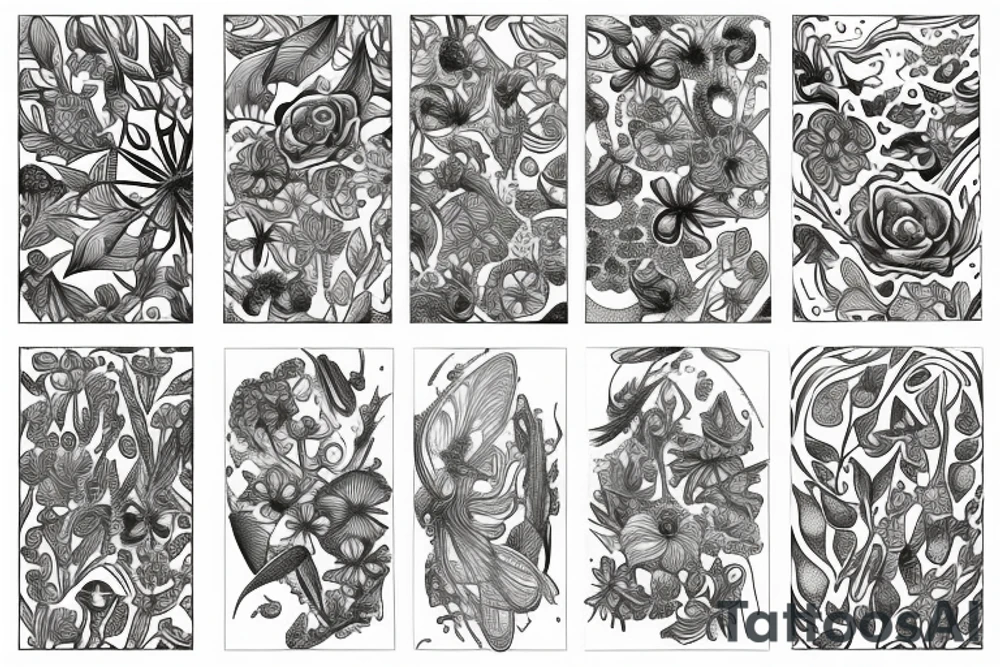 Flowing floral incorporating intricate insects and mushrooms and crystals tattoo idea
