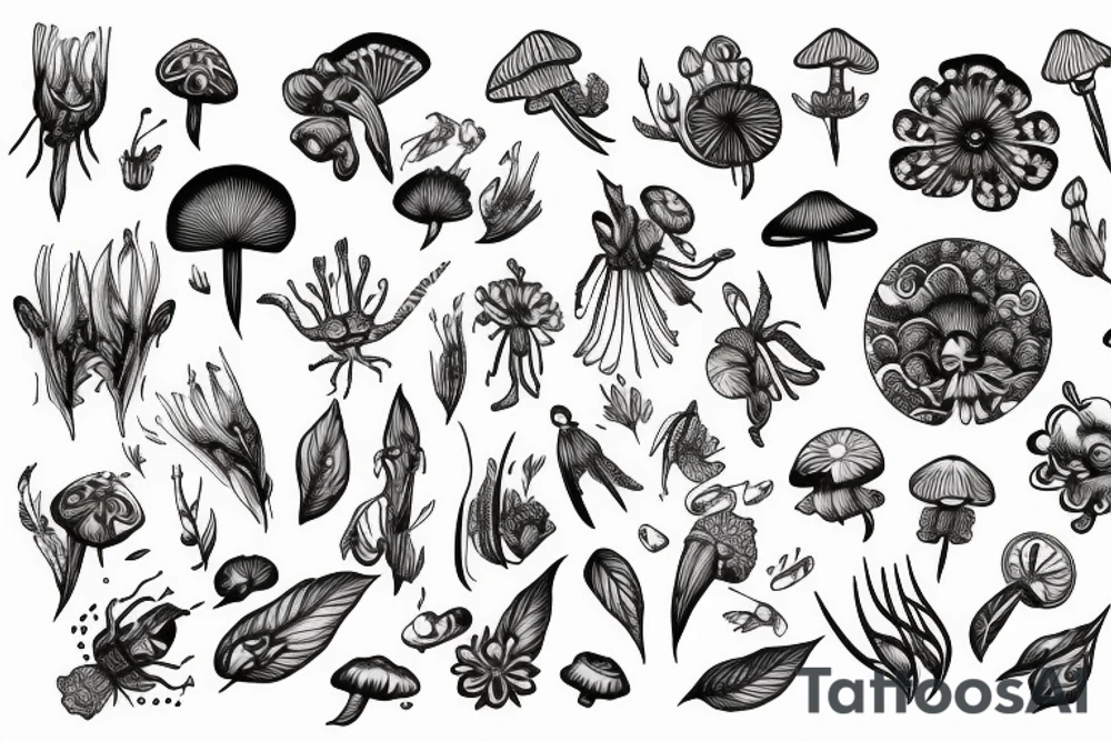 Flowing floral incorporating intricate insects and mushrooms and crystals tattoo idea