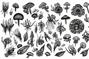 Flowing floral incorporating intricate insects and mushrooms and crystals tattoo idea