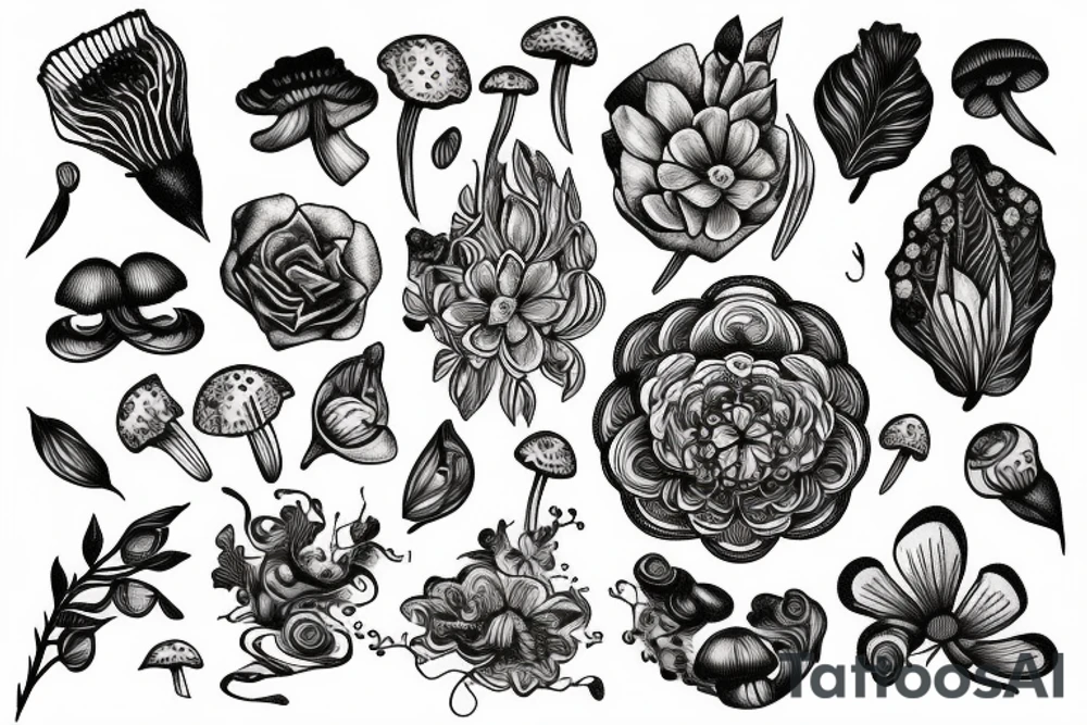Flowing floral incorporating intricate insects and mushrooms and crystals tattoo idea