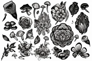 Flowing floral incorporating intricate insects and mushrooms and crystals tattoo idea