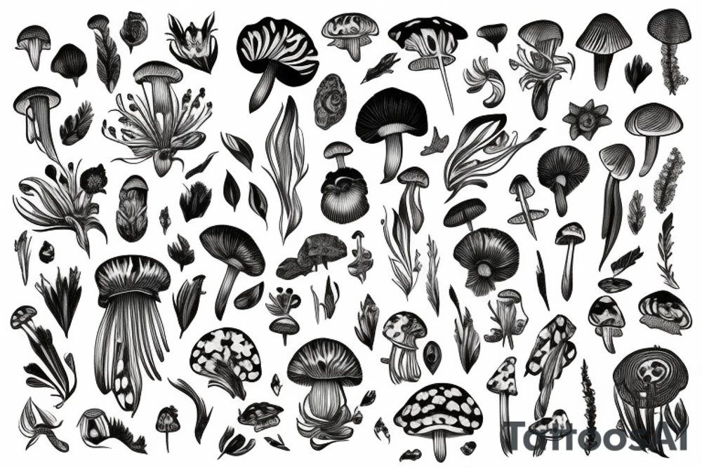 Flowing floral thick bands
incorporating intricate insects and mushrooms and crystals tattoo idea