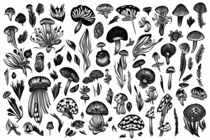 Flowing floral thick bands
incorporating intricate insects and mushrooms and crystals tattoo idea