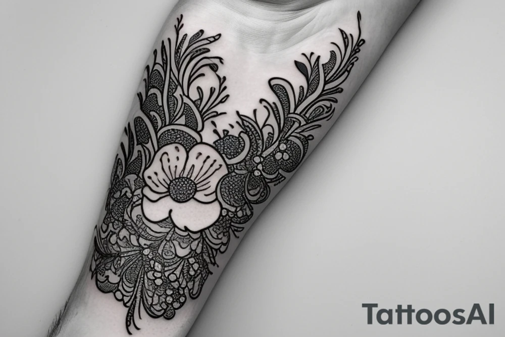 Flowing floral thick bands
incorporating intricate insects and mushrooms and crystals tattoo idea