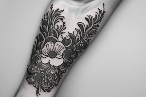 Flowing floral thick bands
incorporating intricate insects and mushrooms and crystals tattoo idea