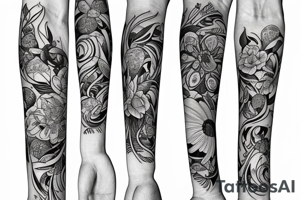 Flowing floral thick bands
incorporating insects and mushrooms and crystals tattoo idea
