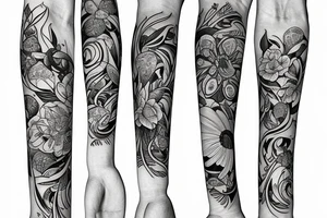 Flowing floral thick bands
incorporating insects and mushrooms and crystals tattoo idea