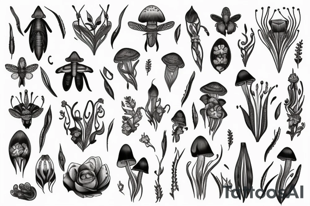 Flowing floral thick bands
incorporating insects and mushrooms and crystals tattoo idea