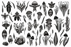 Flowing floral thick bands
incorporating insects and mushrooms and crystals tattoo idea
