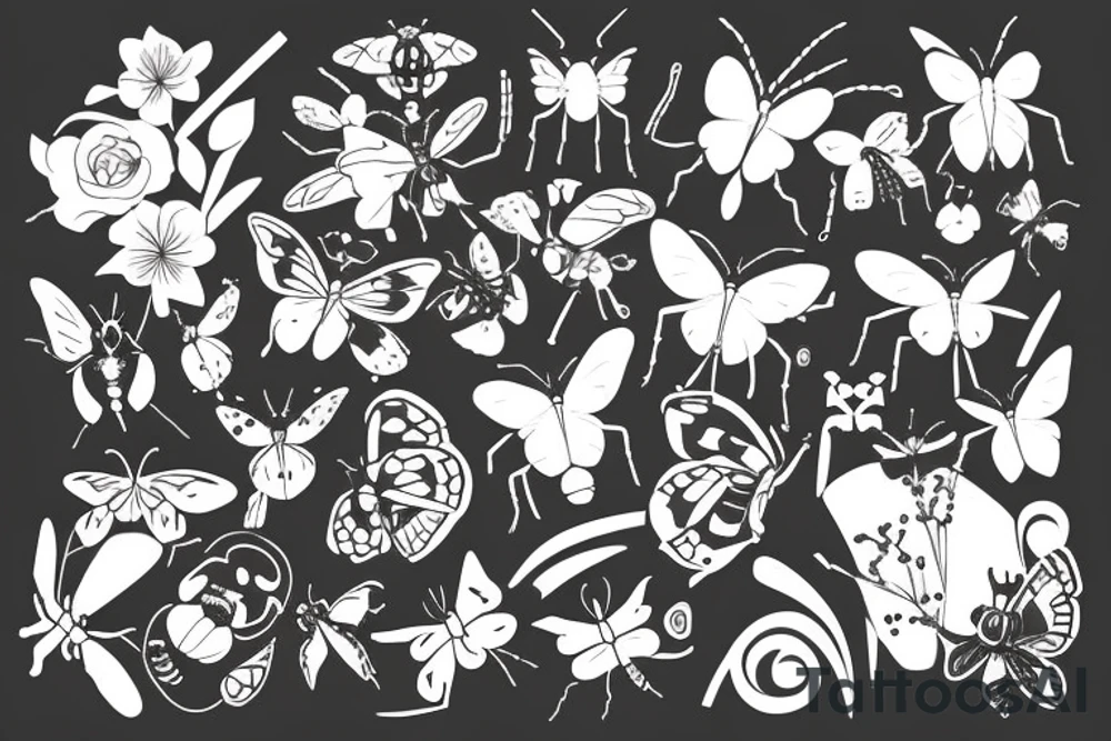 English garden merged with insects tattoo idea
