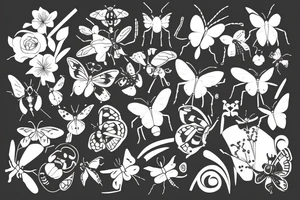 English garden merged with insects tattoo idea
