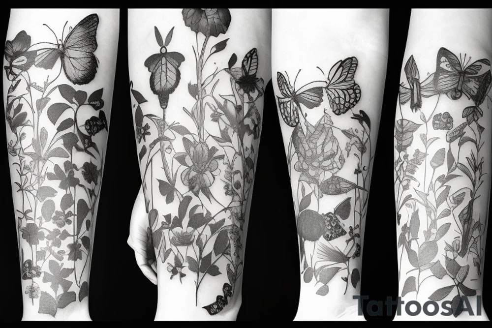 English garden merged with insects tattoo idea