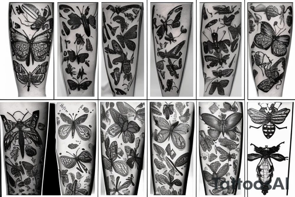 English garden merged with insects tattoo idea