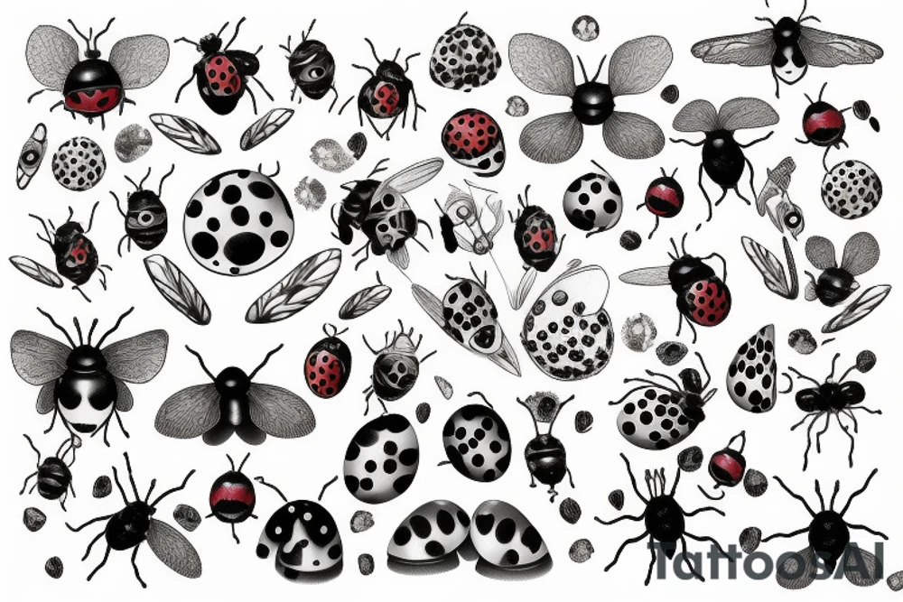 English garden merged with lady bugs, crystals and mushrooms tattoo idea